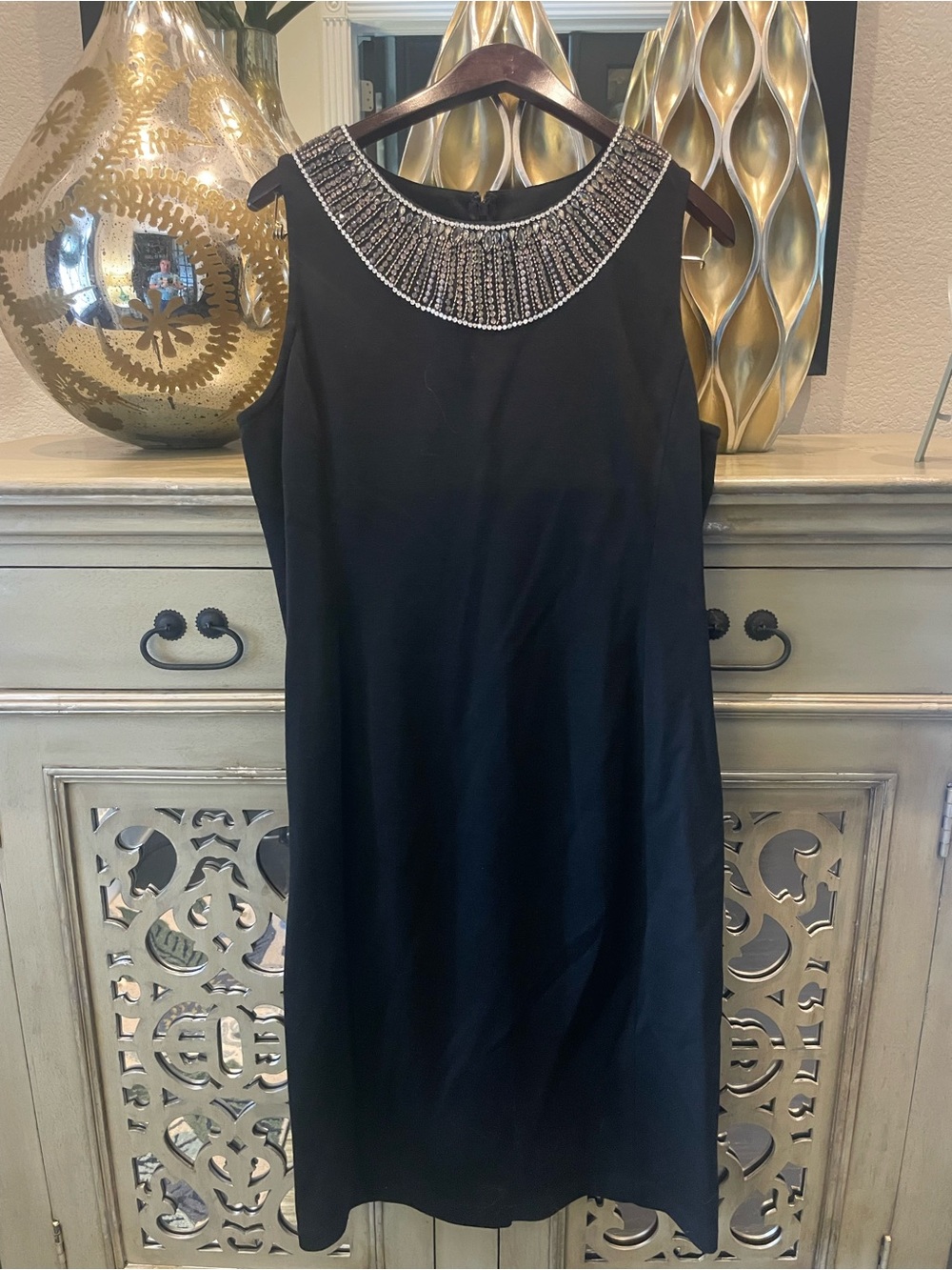 St John Couture Elegant Black Beaded Neckline Sheath Dress